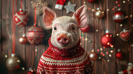 Charming piglet wearing a festive christmas sweater is the star of this adorable holiday portrait