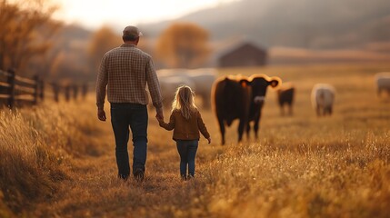 Family farm and cattle with a girl and father walking on a field or grass meadow in the agricultural industry Agriculture sustainability and farming with a man farmer and daughter tend : Generative AI