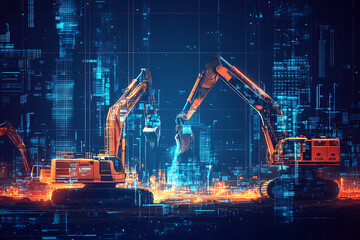 Abstract digital background banner featuring construction machines with a data connection theme in blue and black colors