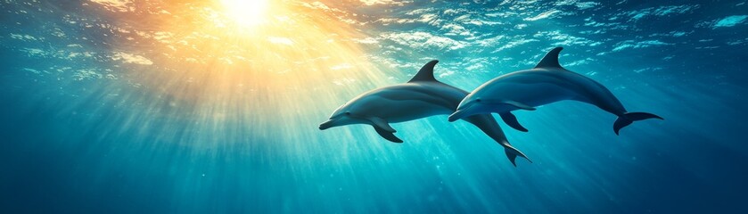 Two dolphins swim gracefully in clear blue water, illuminated by warm sunlight, showcasing the beauty of marine life.