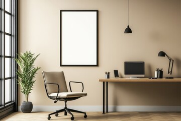 A modern office space with a chair, desk, and plant, designed for productivity.