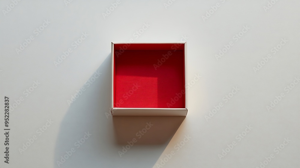 Poster White square gift box mockup on white background harsh shadows red inside From above top view minimalist concept mock up luxury : Generative AI