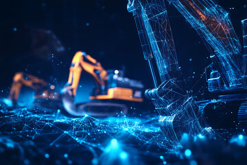 Abstract digital background banner featuring construction machines with a data connection theme in blue and black colors.