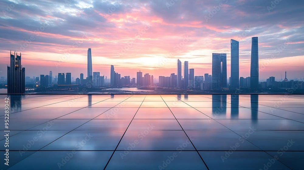 Poster empty square floors and city skyline with modern buildings at sunset : generative ai