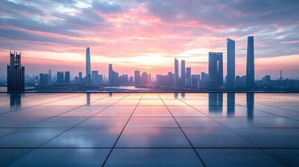 Empty square floors and city skyline with modern buildings at sunset : Generative AI
