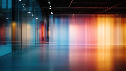 Abstract blurred modern gallery space with colorful lighting in blue, orange and purple color