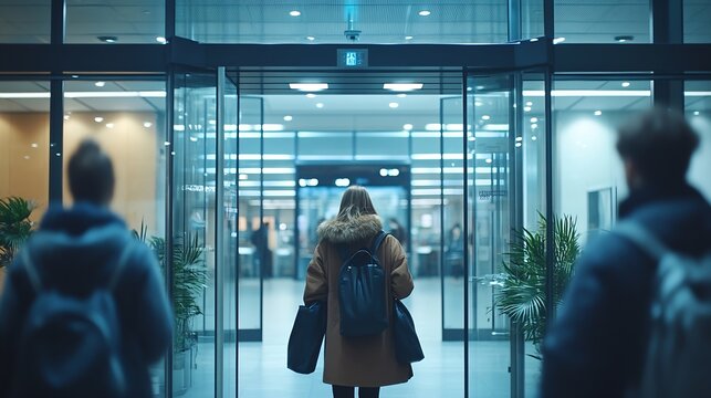 Group of people pass through the office entrance gate after ID card authentication : Generative AI