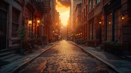 Fototapeta premium A vintage 1700s laneway with tall Noir style buildings and the warm glow of the sunset creating striking contrasts