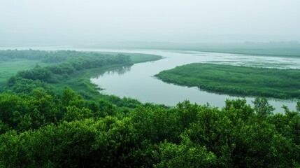 A panoramic view of a Chinese river delta with lush greenery. No people, copy space.