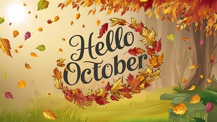 Hello october lettering with leaves frame background