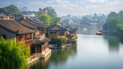 Fototapeta premium A panoramic view of a Chinese river town with ancient architecture. No people, copy space.