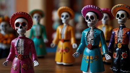 Day of the Dead figurines displayed on an altar with a bokeh background