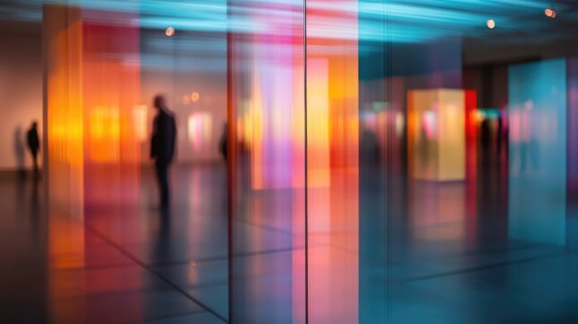 Abstract blurred modern gallery space with colorful lighting and silhouette of people