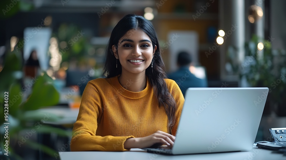Poster cheerful and successful indian woman programmer at work inside modern office tech support worker wit