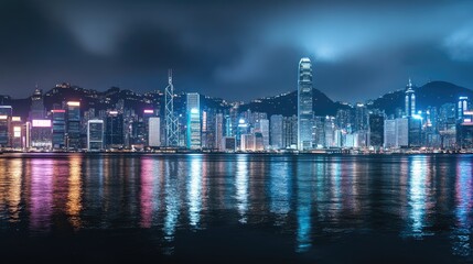 Obraz premium A panoramic view of Hong Kong's Victoria Harbor at night. No people, cityscape with copy space.