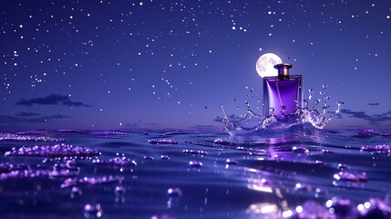 Purple perfume bottle with water splash under moonlit sky.