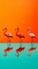 Obraz premium Vibrant scene featuring three flamingos reflected in water against a stunning orange and teal background.
