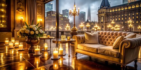 Fototapeta premium Sophisticated elegance converges with timeless refinement in a Melbourne-inspired setting, where intricate carvings and plush velvets meet subtle gold accents and soft candlelight.