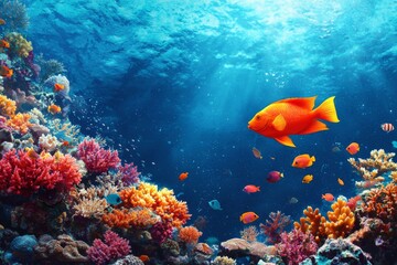 Fototapeta premium Vibrant underwater scene featuring colorful coral and a bright orange fish swimming through clear blue water.