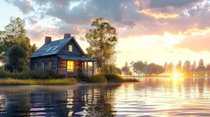 Obraz premium At dusk, the small house near the rural lake is gently illuminated by the fading light, with the vast lake reflecting the serene transition of colors as evening settles in