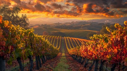 Naklejka premium The rows of the autumn vineyard glow with rich shades of red and gold, bathed in the warm, golden light of a spectacular sunset that paints the sky in vibrant hues