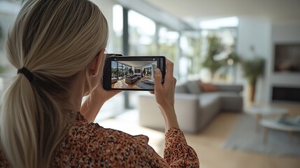 Woman takes photograph of large renovated home interior Property owner or estate agent uses wide angle camera on smart tablet to take photo or give walkthrough video tour about new apa : Generative AI