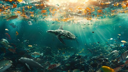 Fototapeta premium Under the ocean waters, there is garbage that poisons marine life and causes extinction. Saving the planet is our common task