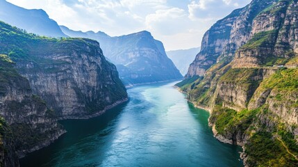 Obraz premium A panoramic view of the Yangtze River flowing through a deep gorge. No people, copy space.