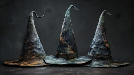 A collection of three witch hats, each with its own unique design, perfect for adding a touch of Halloween magic to your costumes or décor