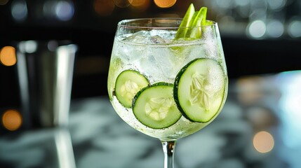 Refreshing Classic Gin and Tonic Served with Cucumber Garnish