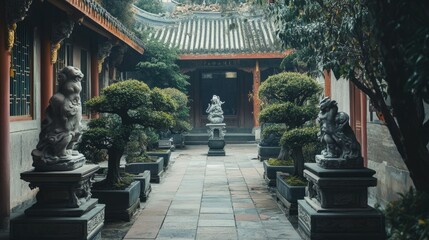 Fototapeta premium A quiet Chinese courtyard with bonsai trees and stone statues. No people, copy space.