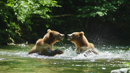 川で遊ぶ熊のペア