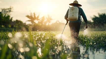 Asian farmer is spraying organic fertilizer at paddy field Thumb up  Concept using friendly product with environment Agriculture with no chemicals using Safety with user and environmen : Generative AI