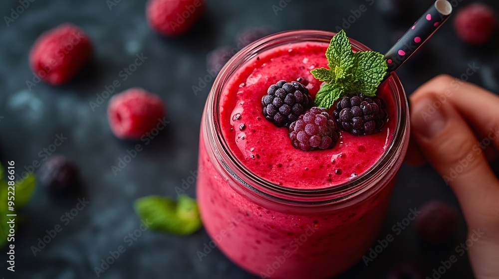 Poster healthy red berry smoothie in a glass jar on a grey background : generative ai