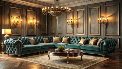 Fototapeta premium Sophisticated opulence descends upon the space with the tufted and padded sectional sofa, paired with wooden side tables, lamps, and candelabras, bathed in warm light.