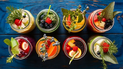 Fototapeta premium Top view of detox drinks in jars with fruits, vegetables, herbs, berries and greenery near fruit ingredients on wooden blue surface
