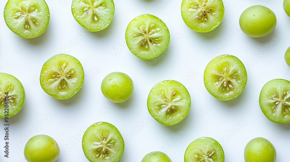 Poster Green grapes and half sliced isolated on white background Top view Flat lay Grape pattern texture background : Generative AI