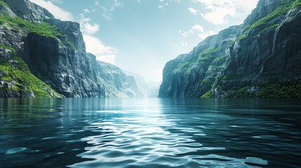 A narrow water channel of a fjord surrounded by high steep cliffs, with a flow of ocean water and gentle waves