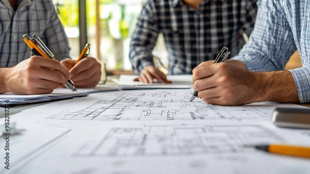 Leinwandbilder planning meeting on home plan drawing of engineering team architect on blue print with equipment dis