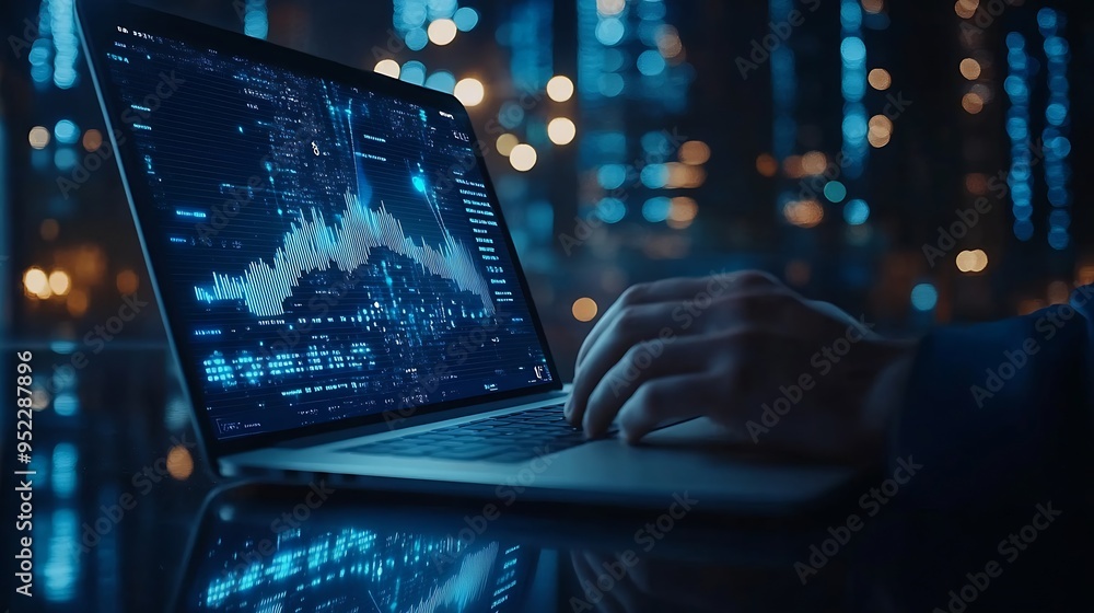 Aufkleber Business data analysis growth and development Businessman working on laptop with financial report economic graph growth chart and global network connection business plan strategy and s : Generative AI