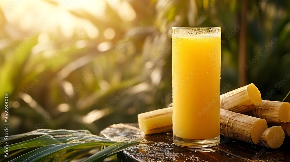 Poster Fresh squeezed sugar cane juice with sugar cane plantation farming background : Generative AI