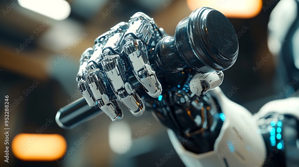 Aufkleber Future innovative concept of efficient and fair justice system with closeup robotic hand holding gavel as artificial intelligence in transparent judicial proceedings by an AI judge Equ : Generative AI
