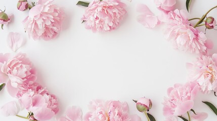 Empty frame of peonies, simple modern clean background