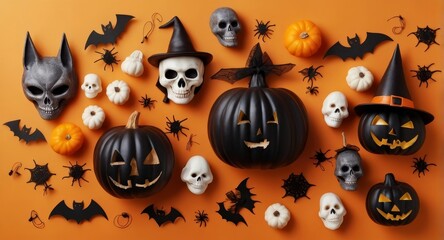 Halloween decoration with copy space on an orange background