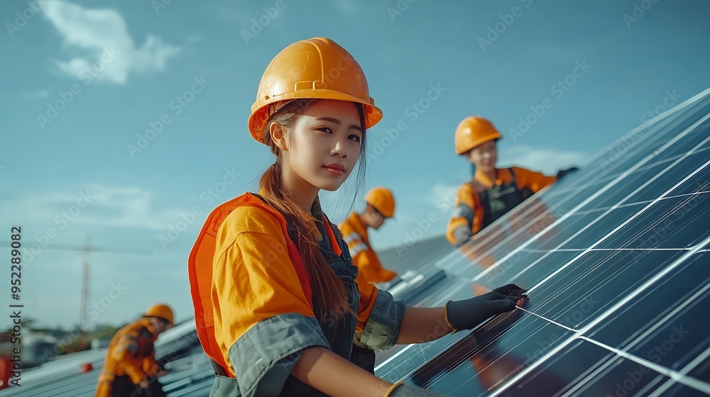 Poster electrical engineering team man and woman worker installing solar cell panels on roof solar energy c