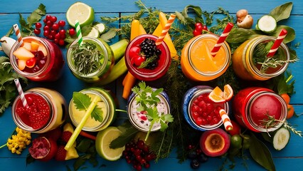 Top view of detox drinks in jars with fruits, vegetables, herbs, berries and greenery near fruit ingredients on wooden blue surface