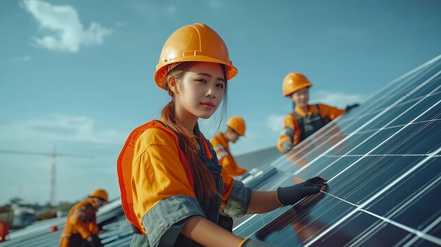 electrical engineering team man and woman worker Installing Solar Cell panels on Roof Solar energy clean and green alternative energy Unity and teamwork : Generative AI