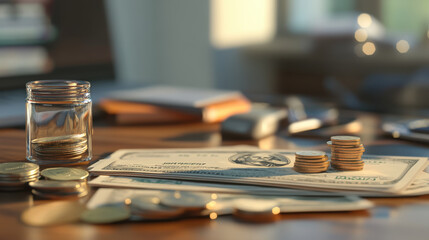 Obraz premium A close up view of workspace featuring stacks of coins and dollar bills, symbolizing financial planning and savings. warm lighting adds sense of comfort and security.