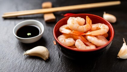 pickled shrimp with chopstick soy sauce chilli and garlic on stone background