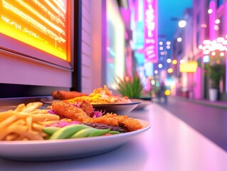 Delicious street food delights showcasing vibrant colors at a neon-lit alleyway at night